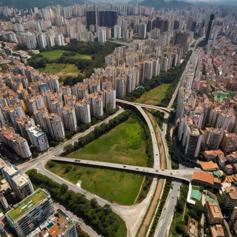 Vista aérea de cidade com faixa de mata e avenida ao centro