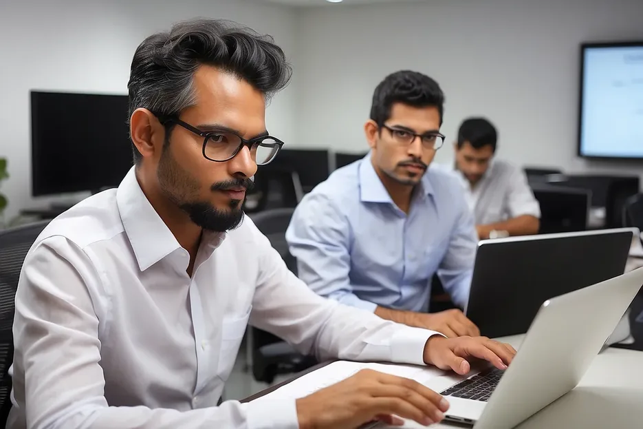 Colegas discutindo o trabalho diante de um notebook