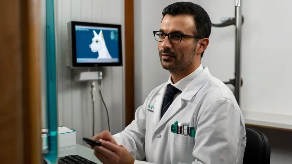 Veterinário registrando dados em computador